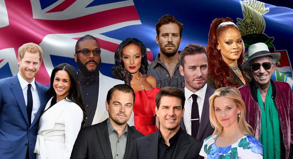A selection of famous stars of film, music and royalty with a Cayman Islands flag in the background.