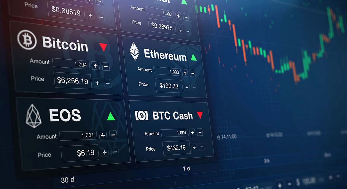 A computer screen with some cryptocurrency tickers including Bitcoin and Ethereum.