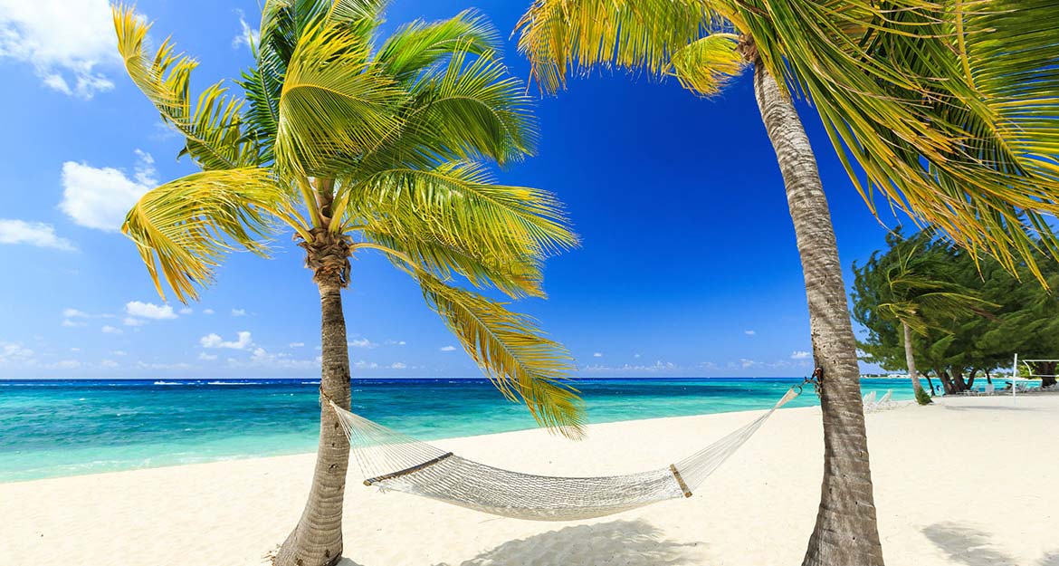 A hammock between two palm trees on Seven Mile Beach, Grand Cayman.