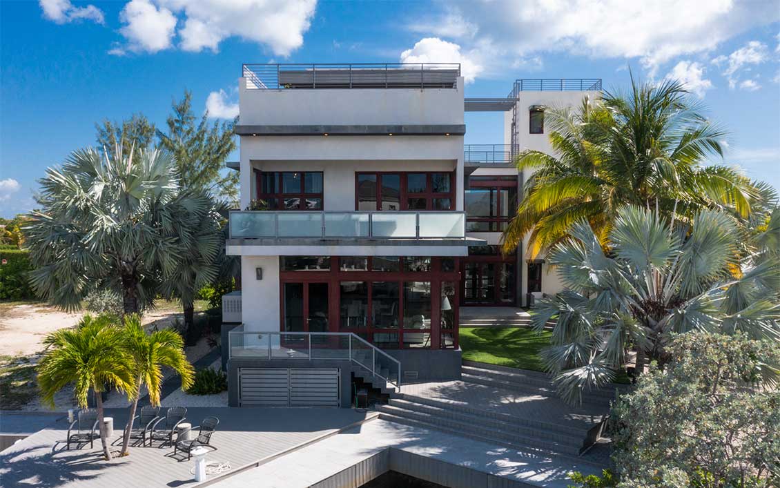 Rear elevation of a fully automated home in Crystal Cove on Grand Cayman.