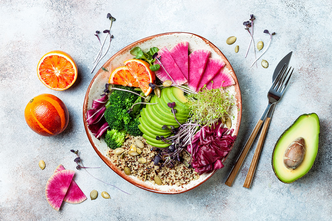 Healthy salad from above with cutlery.