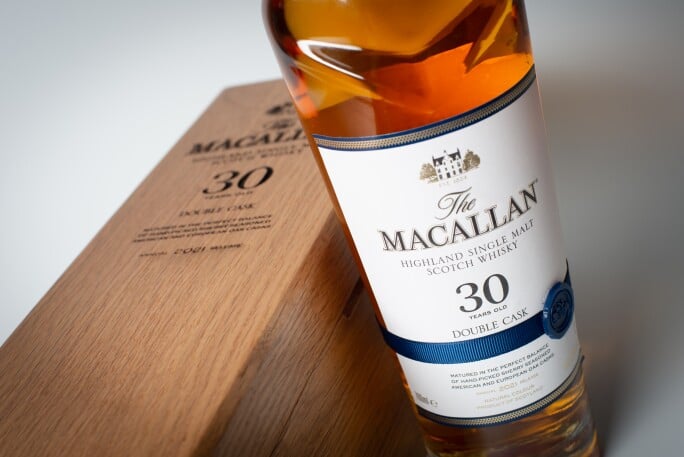 A wooden presentation box and bottle of The Macallan 30 Year Old