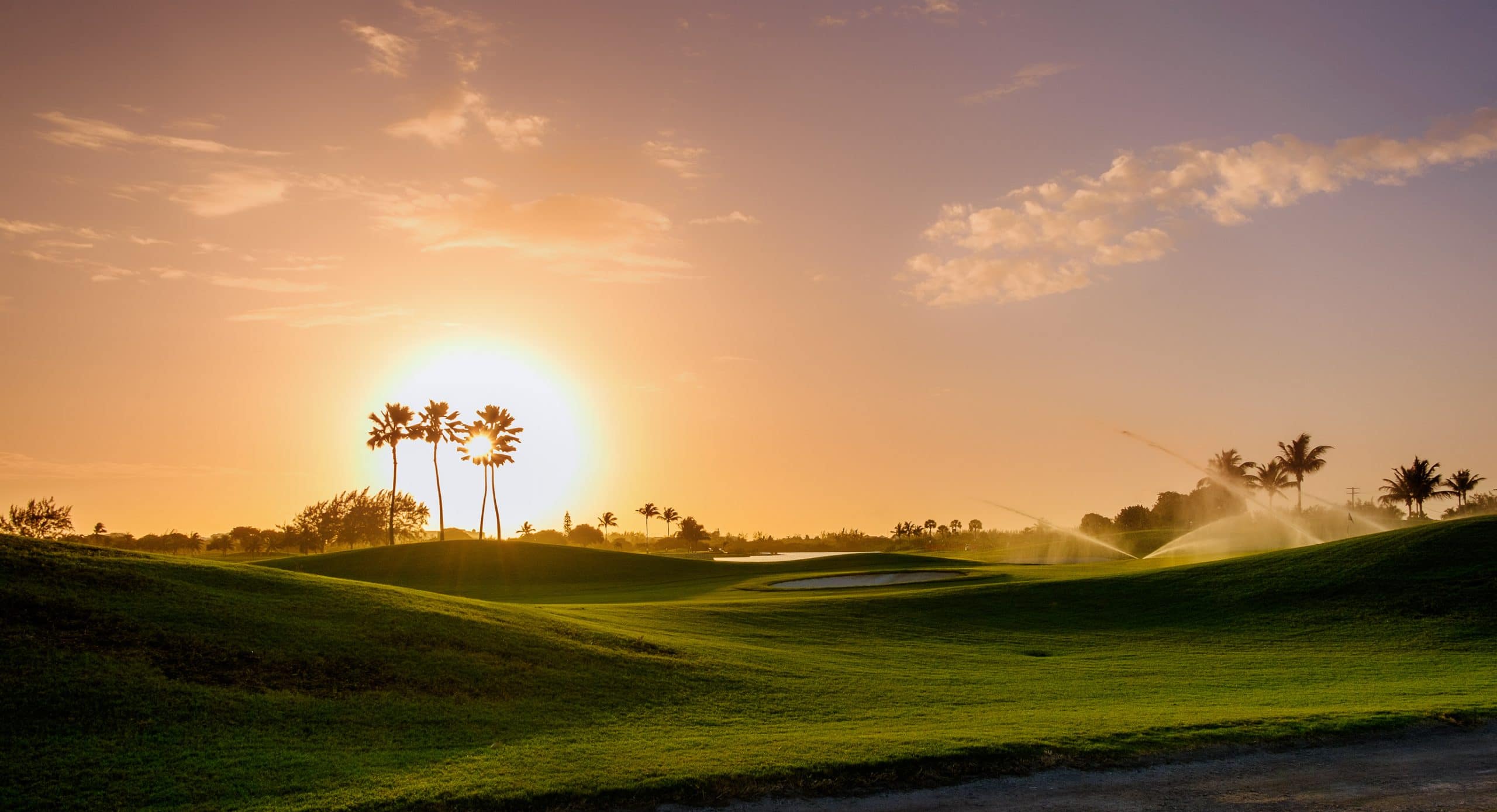 Sunset views across the undulating hills of a golf course.