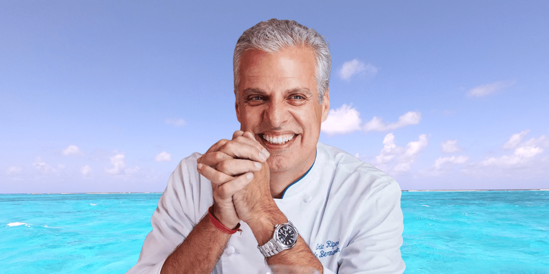Celebrity chef Éric Ripert with a backdrop of the Caribbean Sea.