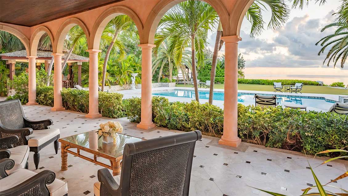 The magnificent terrace and grounds of Villa Mare in Vista del Mar in the Cayman Islands
