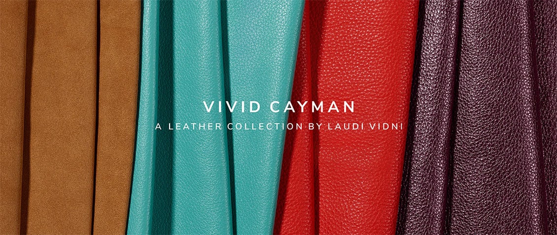 A 'Vivid Cayman' advertisement with colourful swatches of leather in the background.