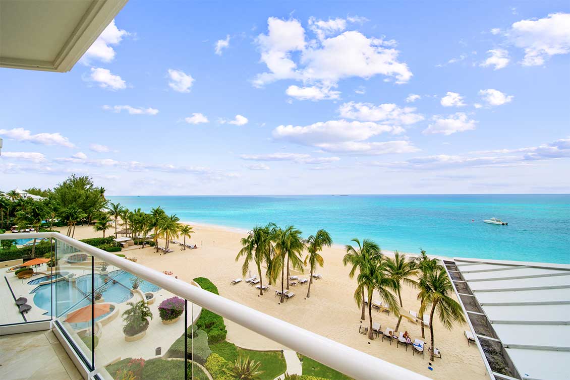 Panoramic balcony views from this unit at 'Water's Edge' on Seven Mile Beach.
