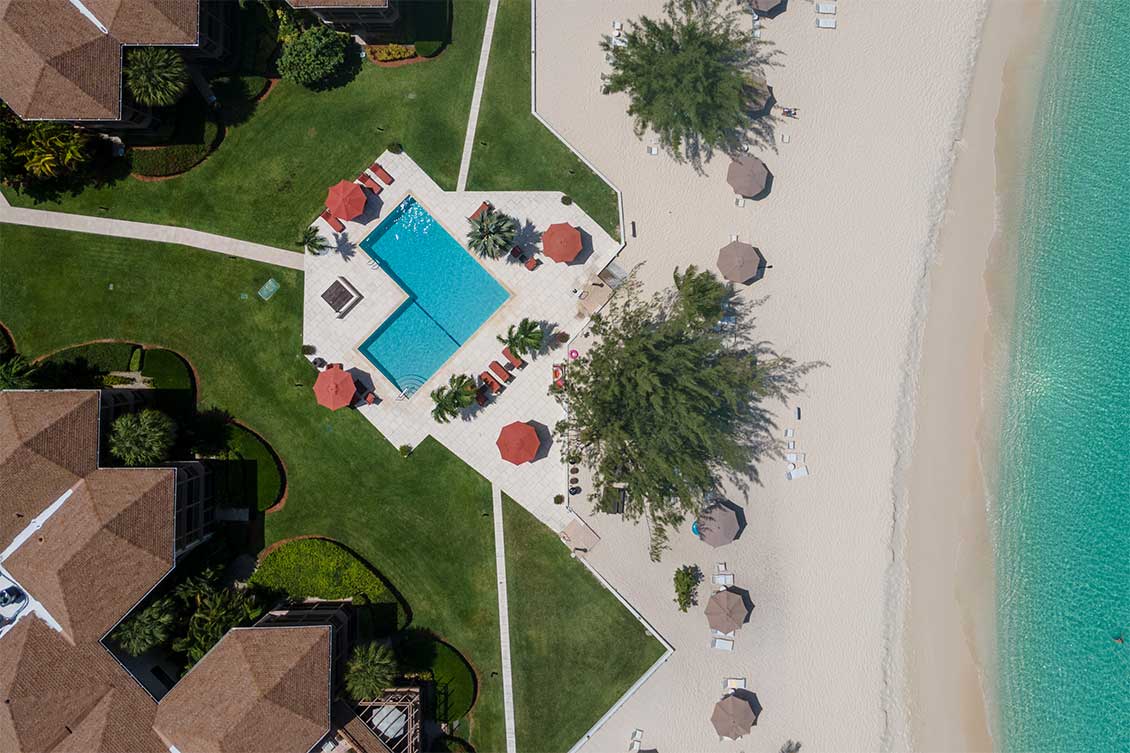 Aerial views of Plantana Condominiums on Seven Mile Beach