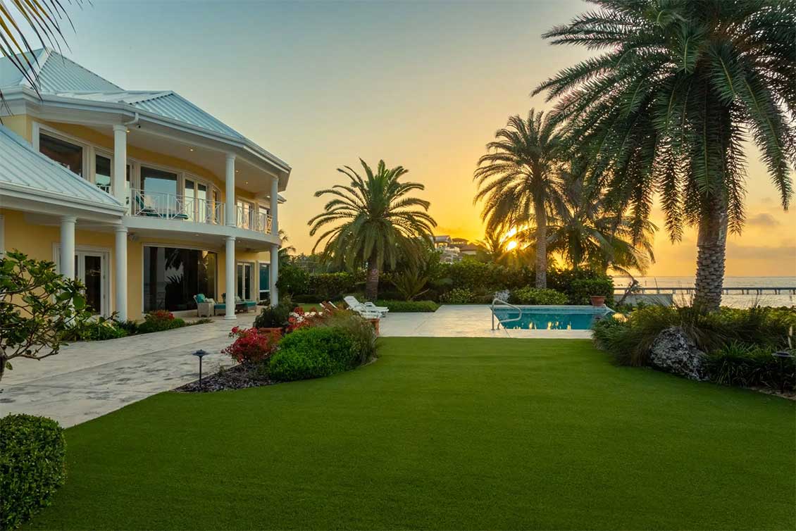 Garden views from Villa Aqua Vista towards the pool and Caribbean Sea