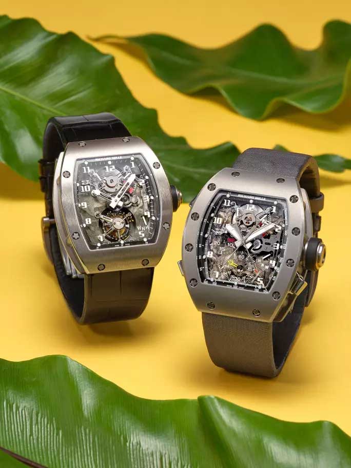 [LEFT TO RIGHT] RICHARD MILLE REFERENCE RM002 | A WHITE GOLD SEMI-SKELETONISED TOURBILLON WRISTWATCH WITH POWER RESERVE AND TORQUE INDICATION, CIRCA 2010 | ESTIMATE: 2,200,000 - 3,000,000 HKD; RICHARD MILLE REFERENCE RM004 V2, ALL GREY | A LIMITED EDITION TITANIUM SEMI-SKELETONISED SPLIT SECONDS CHRONOGRAPH WRISTWATCH WITH POWER RESERVE AND TORQUE INDICATION, CIRCA 2009 | ESTIMATE: 2,200,000 - 3,000,000 HKD