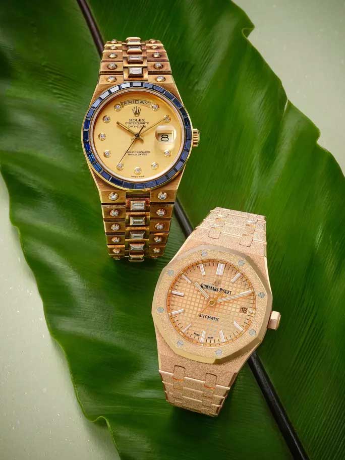 [LEFT TO RIGHT] ROLEX OYSTERQUARTZ DAY-DATE, REFERENCE 19168 | A YELLOW GOLD, DIAMOND AND SAPPHIRE-SET WRISTWATCH WITH DAY, DATE AND BRACELET, CIRCA 1985 | ESTIMATE: 400,000 - 600,000 HKD; AUDEMARS PIGUET ROYAL OAK, REFERENCE 15454OR.GG.1259OR.03 | A FROSTED PINK GOLD BRACELET WATCH WITH DATE, CIRCA 2018 | ESTIMATE: 500,000 - 700,000 HKD