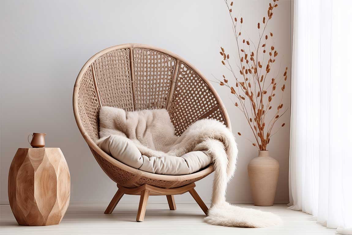 Boho chic interior design rattan chair with soft textiles

