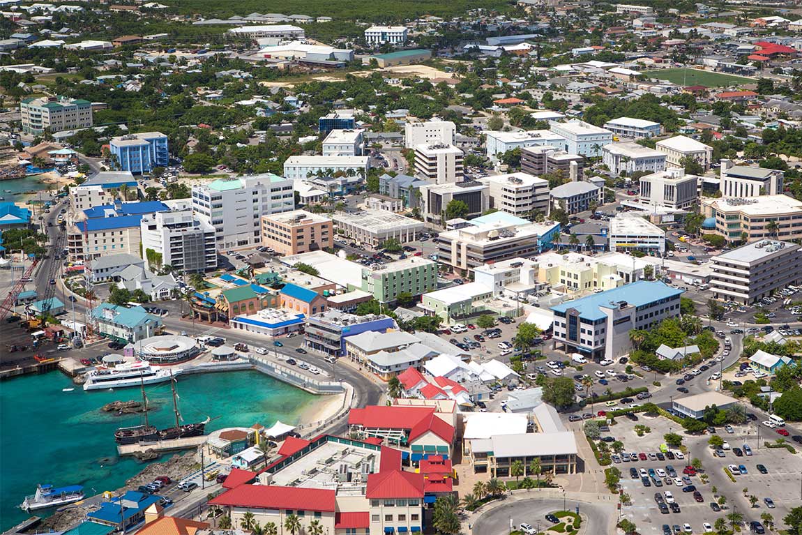 Aerial view of coastline of Grand Cayman, Cayman Islands, Capital, George Town