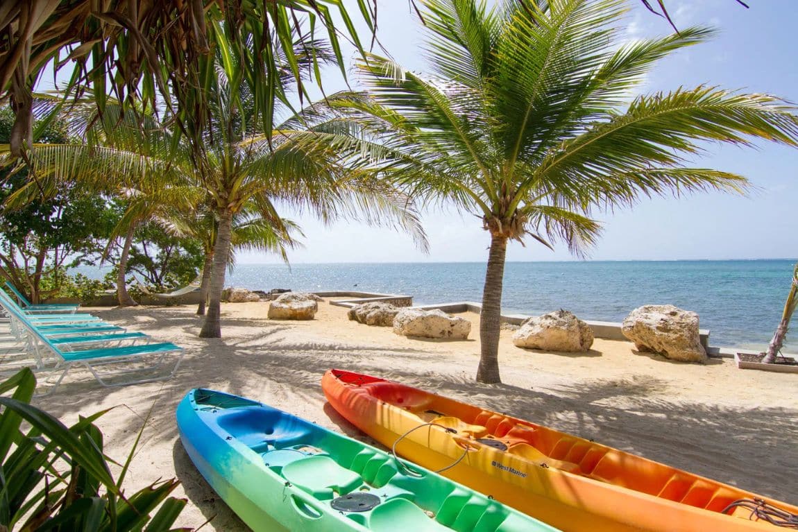 Beachfront at Compass Point — calm waters, shaded palms, and space to unwind by the sea.